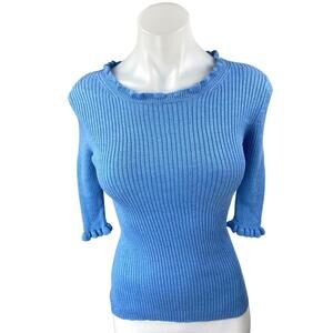 Alashan Women's Blue Cashmere Ribbed Knit Half Sleeve Ruffle Sweater Top Size S